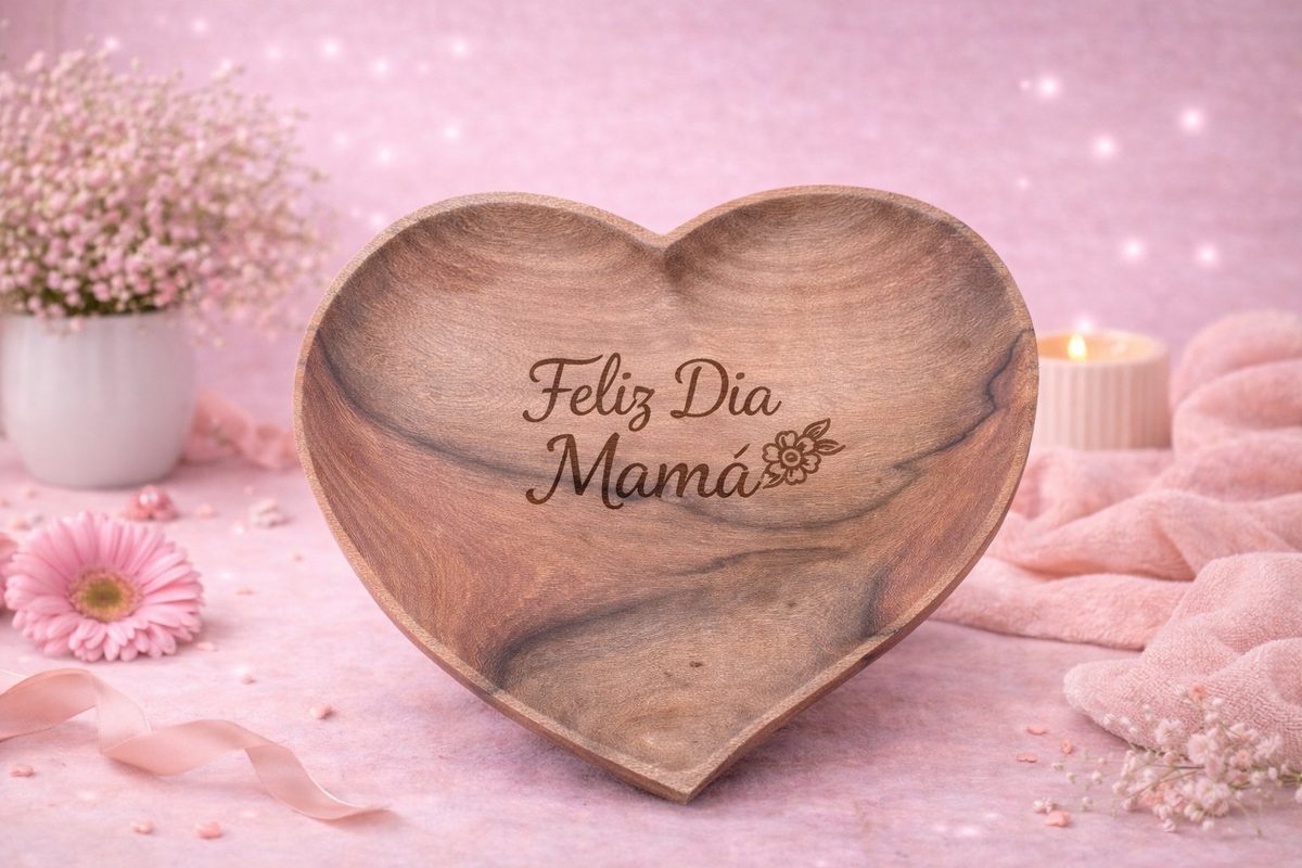 Bandeja de radal con forma de corazón grabado Feliz Día Mamá