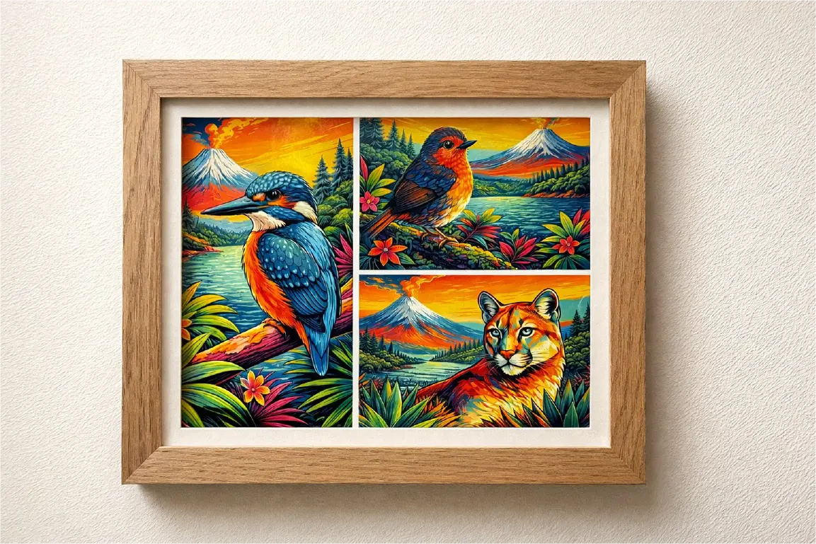 Arte en aluminio con aves, puma y volcán del sur de Chile, recuerdo de la Araucanía