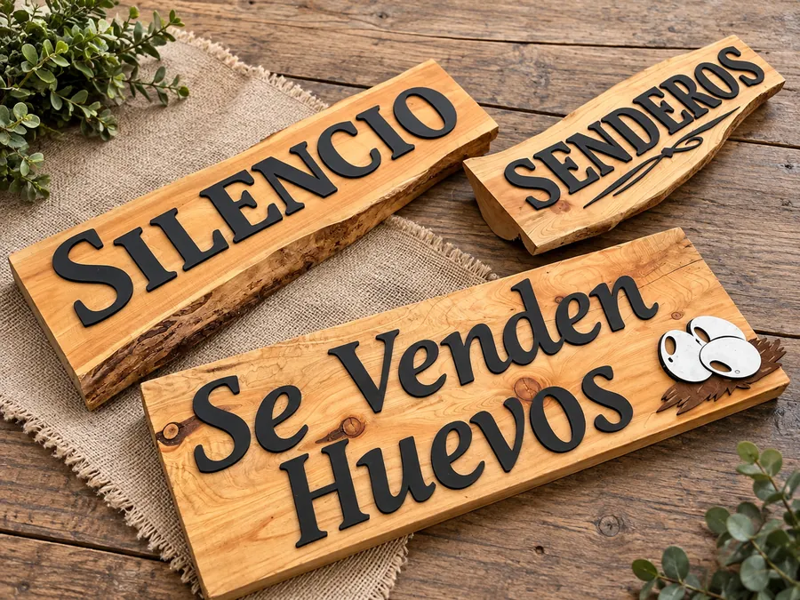 Señalética de madera grabada a láser para hoteles y cabañas
