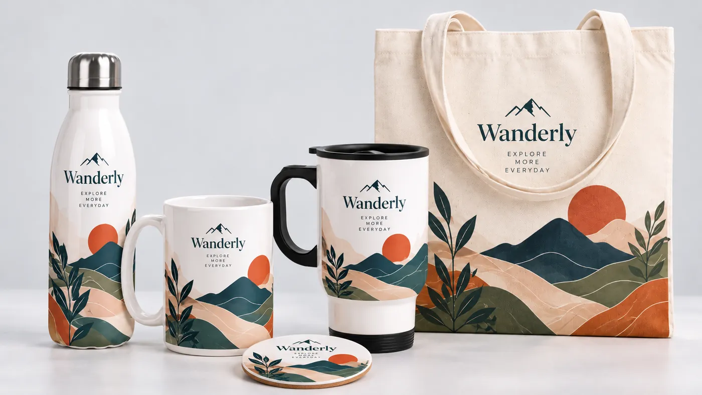Set sublimado con logo: botella, tazones, mug térmico, bolsa y posavaso con un mismo diseño
